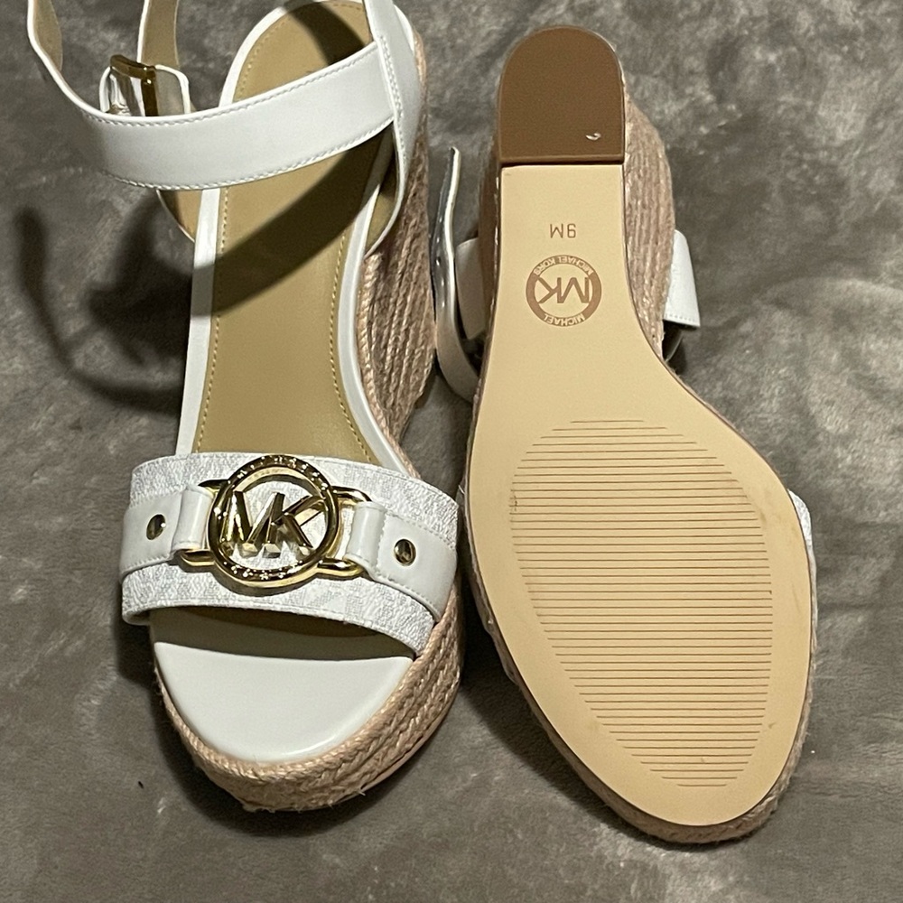 Michael Kors White and Gold Wedge Sandals